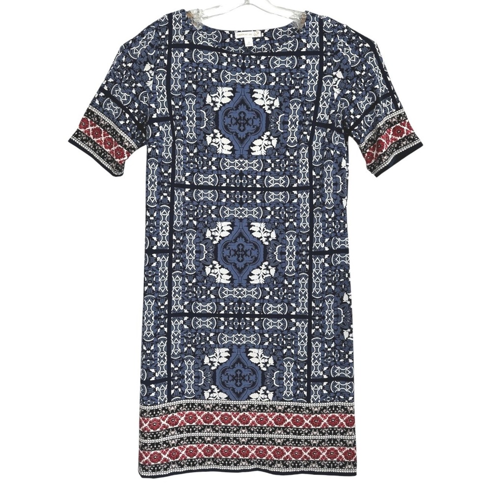 Westport 1962 Shift Dress Womens Blue Tile Print Floral Border Boho‎ Chic 12